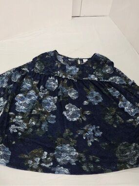 Time and Tru Navy Lace Top with Green and Light Blue Floral Print